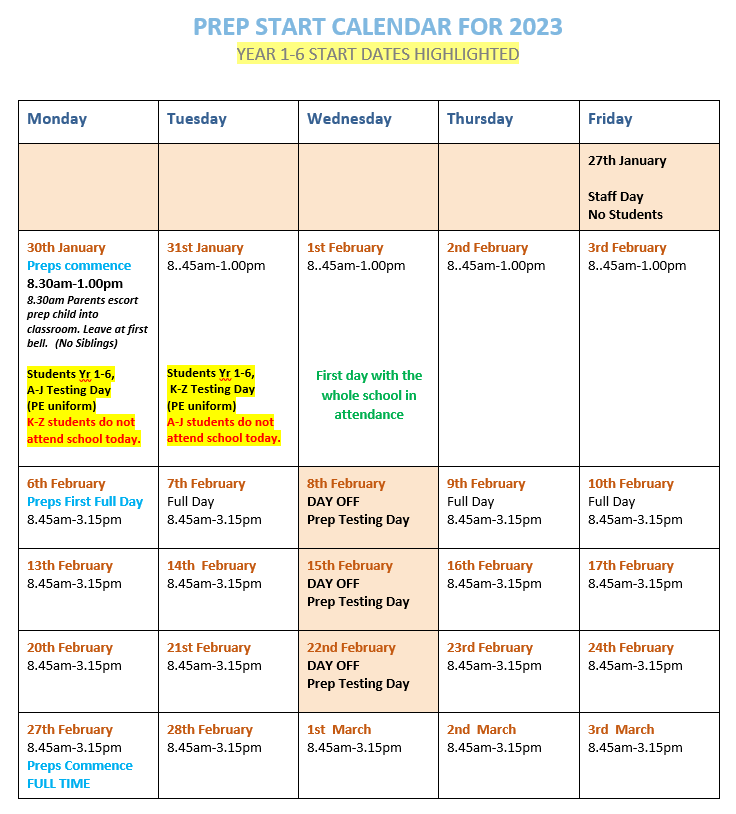 Prep Calendar 2023 St Augustine s Primary School